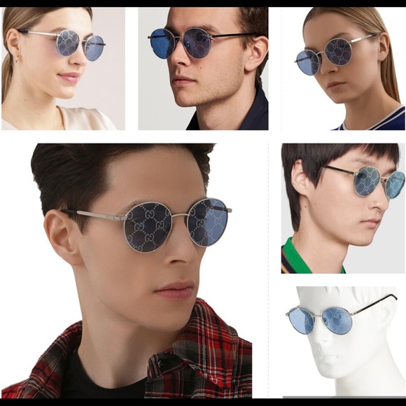 GUCCI “GG” INTERLOCKING LOGO IMPRINTED ON BLUE / SILVER MIRROR ROUND SUNGLASSES - Picture 4 of 16